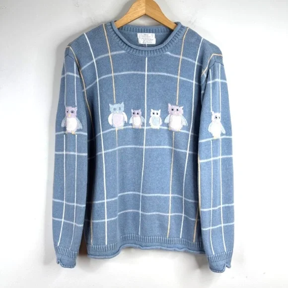 VTG 90s Granny Sweater L Embroidered Owl Hand Knit Windowpane Cottage Blue Twee - Picture 10 of 10